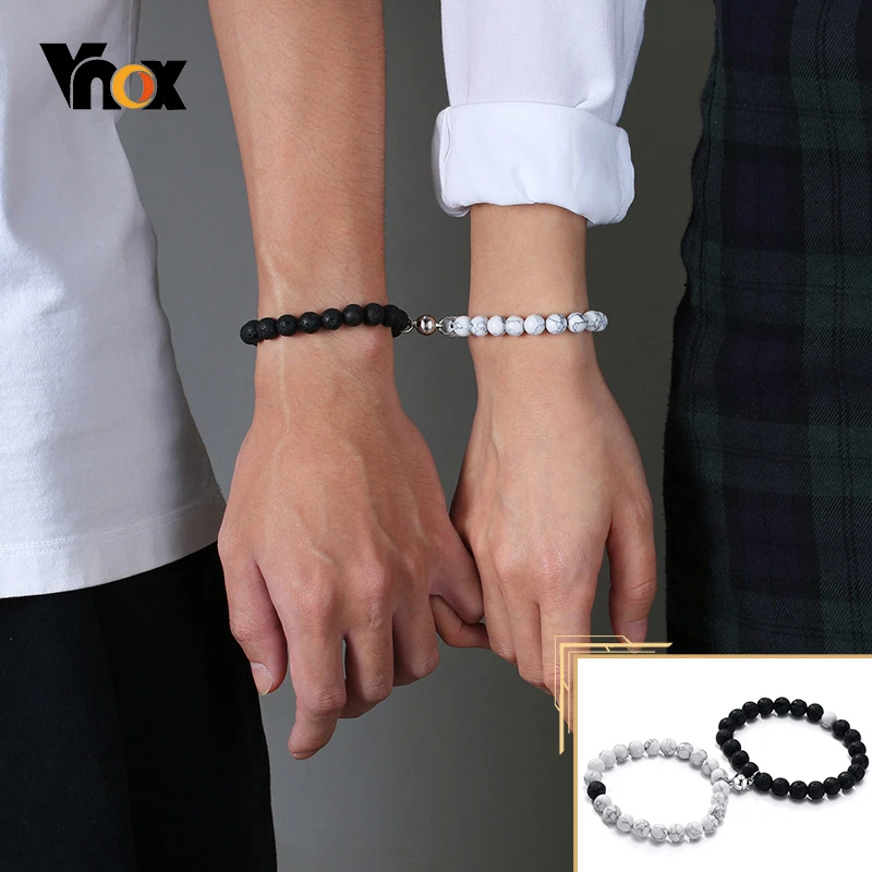 Vnox Women Men Attractive Couples Charm Bracelets 8 MM Natural Volcanic Stone Beads Valentine's Day Anniversary Gifts Jewelry