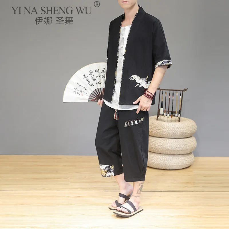 Japanese Style Kimono Suit Traditional Embroidery Men Clothing Jacket Male Pants Samurai Costume | Тематическая одежда и