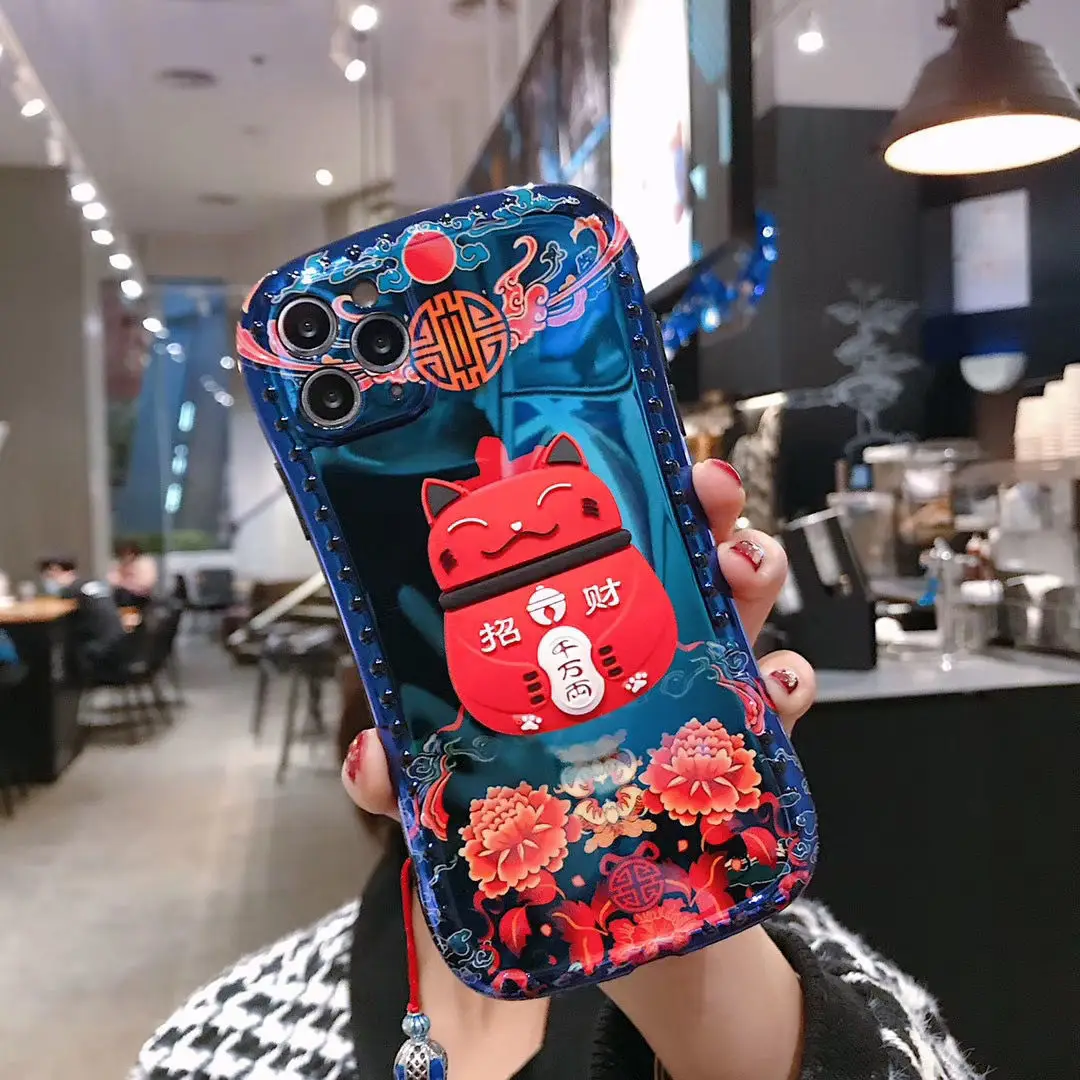 blu ray tpu lucky cat cute cartoon mobile phone case for iphone 11 12pro 11promax xs xr drop protection cover with bracket free global shipping