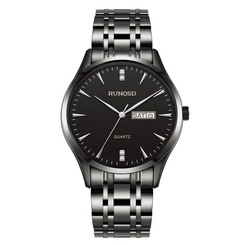 RUNOSD Men's Watch Luxury Cool Black Zircon Dial Day Calendar miyota Quartz Movement Sapphire Crystal Stainless Steel Strap 5217