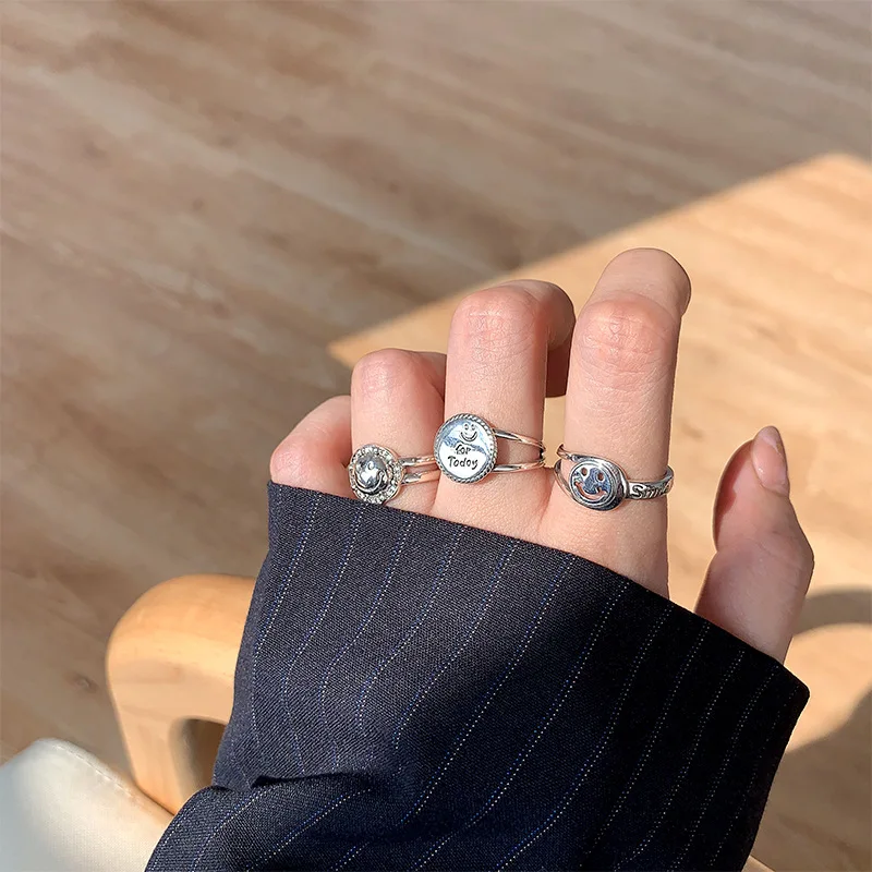 

VENTFILLE 925 Sterling Silver Rings Trendy Vintage Hip Hop Creative Double Layer Zircon Smiley Face Thai Silver Party Jewely