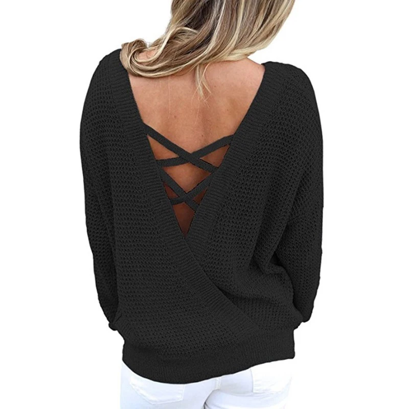 Sexy Back Ribbon Sweaters Women Deep V-neck Pullovers Knitting Cross Casual Jumper | Женская одежда