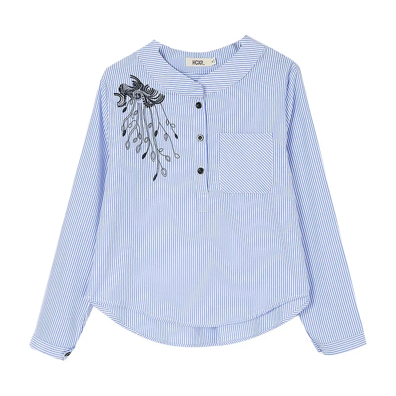 

Embroidered Striped Shirt Women's Spring 2021 New Stand Collar Literature and Art Leisure Long Sleeve Shirt Top Size M L XL