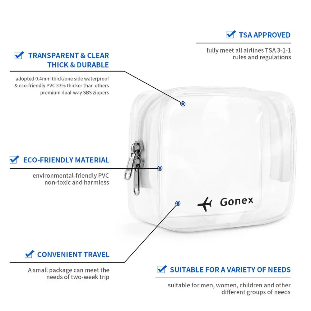 Gonex прозрачный туалетный мешок Tsa одобренный Toiletry прозрачные жидкости