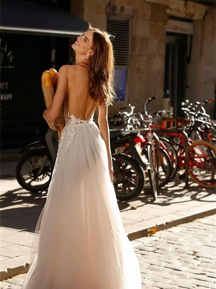 

Hi Shy Bride New Simple Wedding Dress Backless Sleeveless Design Chiffon Lace Bride Dresses Princess Dress Plus Size Tailor-made