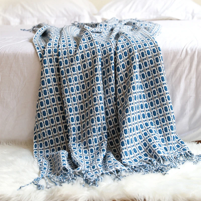 

Vintage Thin Summer Air Condition Blankets Nordic Knitted Blanket Travel Blanket Plaid Bed Khaki Sofa Throw Rug with Tassels