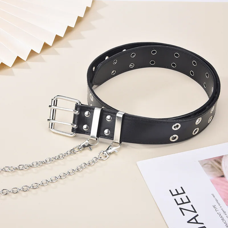 

Ladies belt metal hole buckle women's decorative jeans with gold chain retro fashion punk luxury new metal square buckle 2021