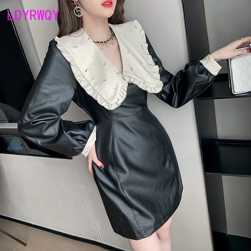 

is slim Office Lady Sheath Zippers 2020 autumn and winter new bubble sleeve doll collar dress