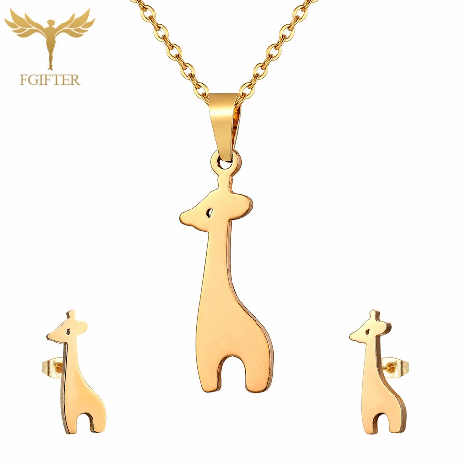 giraffe Jewelry Set Fgift, Детский комплект ювелирных изделий для девочек, серьги-гвоздики в виде лошади, ожерелье с подвеской, ювелирные изделия из нержавеющей стали, детский подарок - Окраска металла: giraffe Jewelry Set