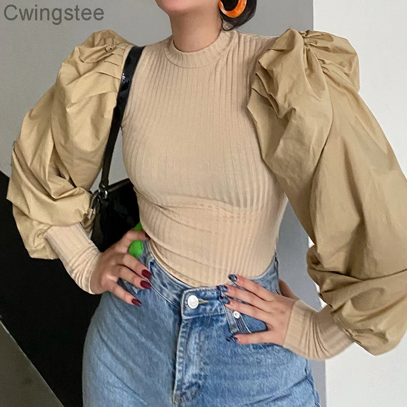 

Vintage Puff Sleeves Cute Autumn Tshirts Retro Solid Korean Slim Tops Casual Patchwork Chic Fashion Basic Outfits