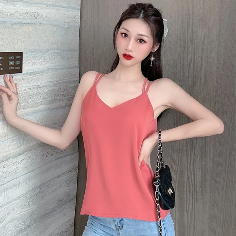 

Korean Fashion Chiffon Tank Top Women Summer Sleeveless Spaghetti Strap Tank Top for Women Office Lady Halter Top Plus Size