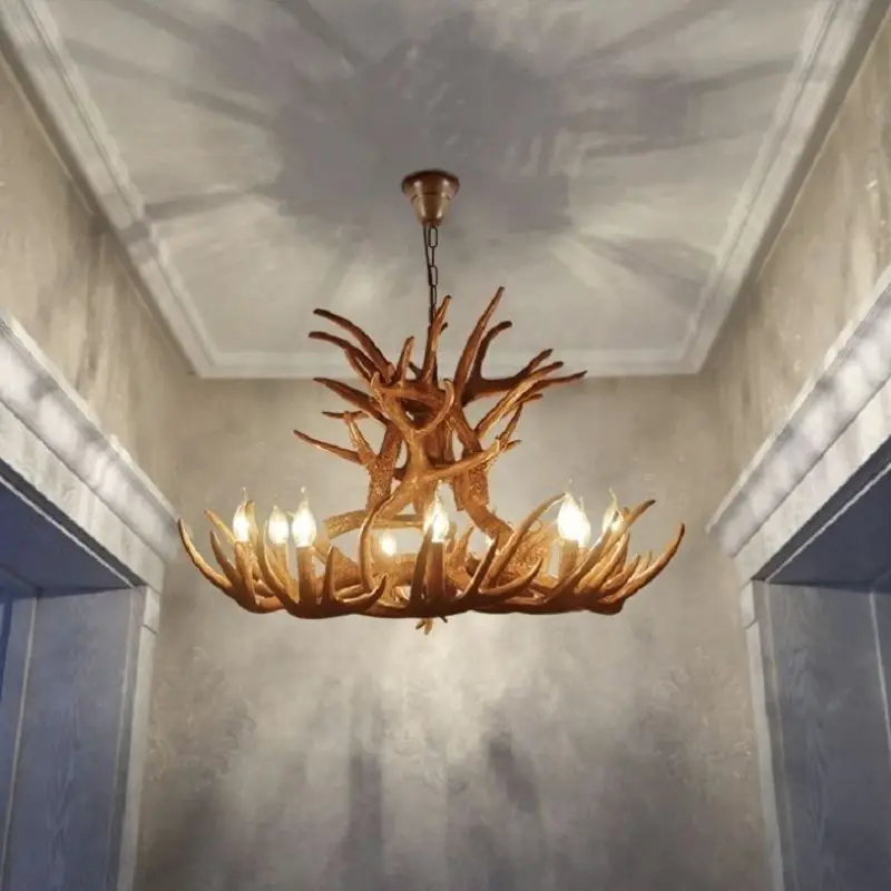 Lámpara de araña de iluminación interior para sala de estar, claxon de ciervo, cuerno de cornamenta, estilo rústico, Art arañas LED, Moderno