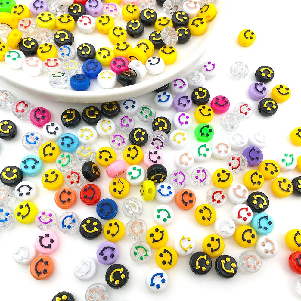 

100 Acrylic Convex Smiling Face Round Flat Beads Loose Beads DIY Handmade Bracelet Necklace Jewelry Accessories
