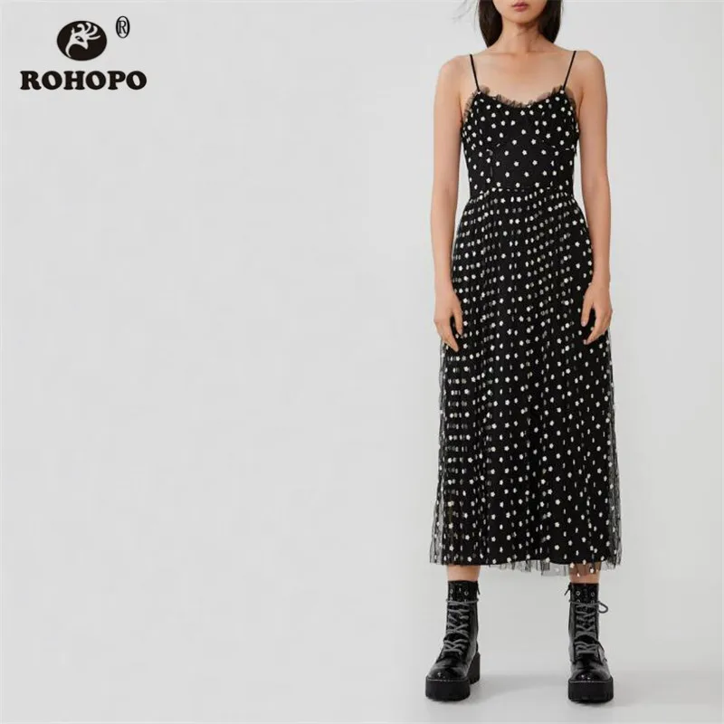 ROHOPO Двухслойное женское шифоновый с тонкими бретелями мешковатое платье миди