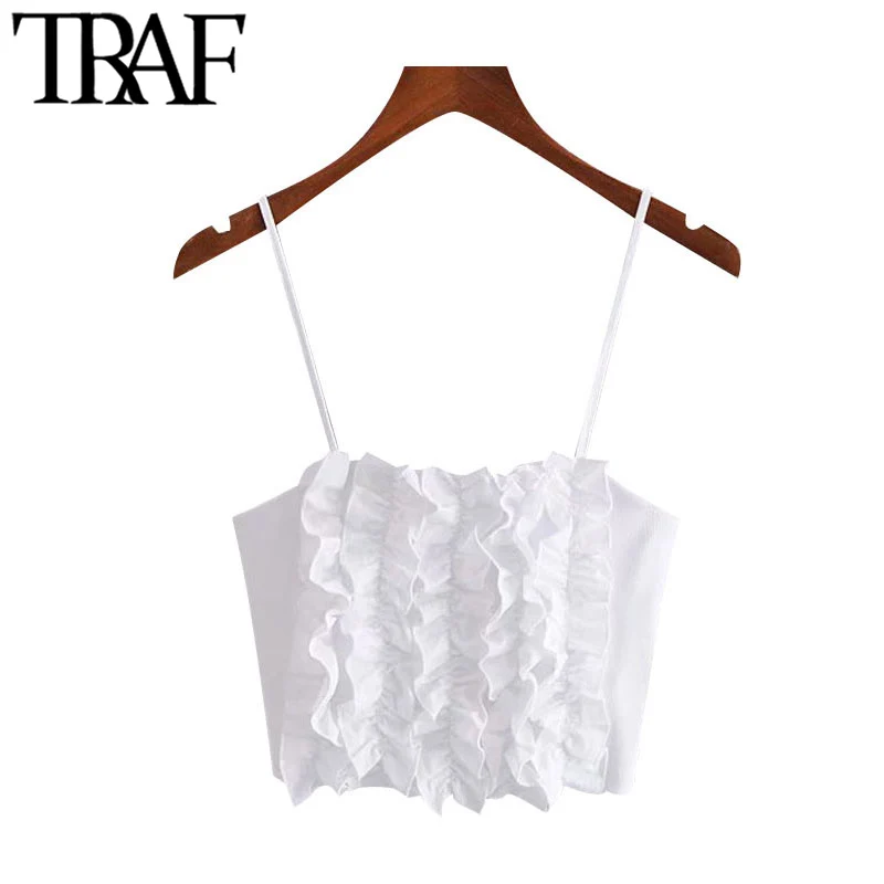 

TRAF Women Sexy Fashion Ruffled Cropped Blouses Vintage Backless Thin Straps Female Shirts Blusas Chic Tops