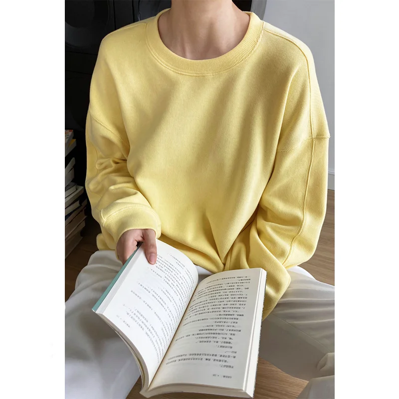 

Женская длинная футболка с круглым вырезом, повседневный Свободный пуловер молочно-желтого цвета, простой цвет, для принцессы, осень 2021