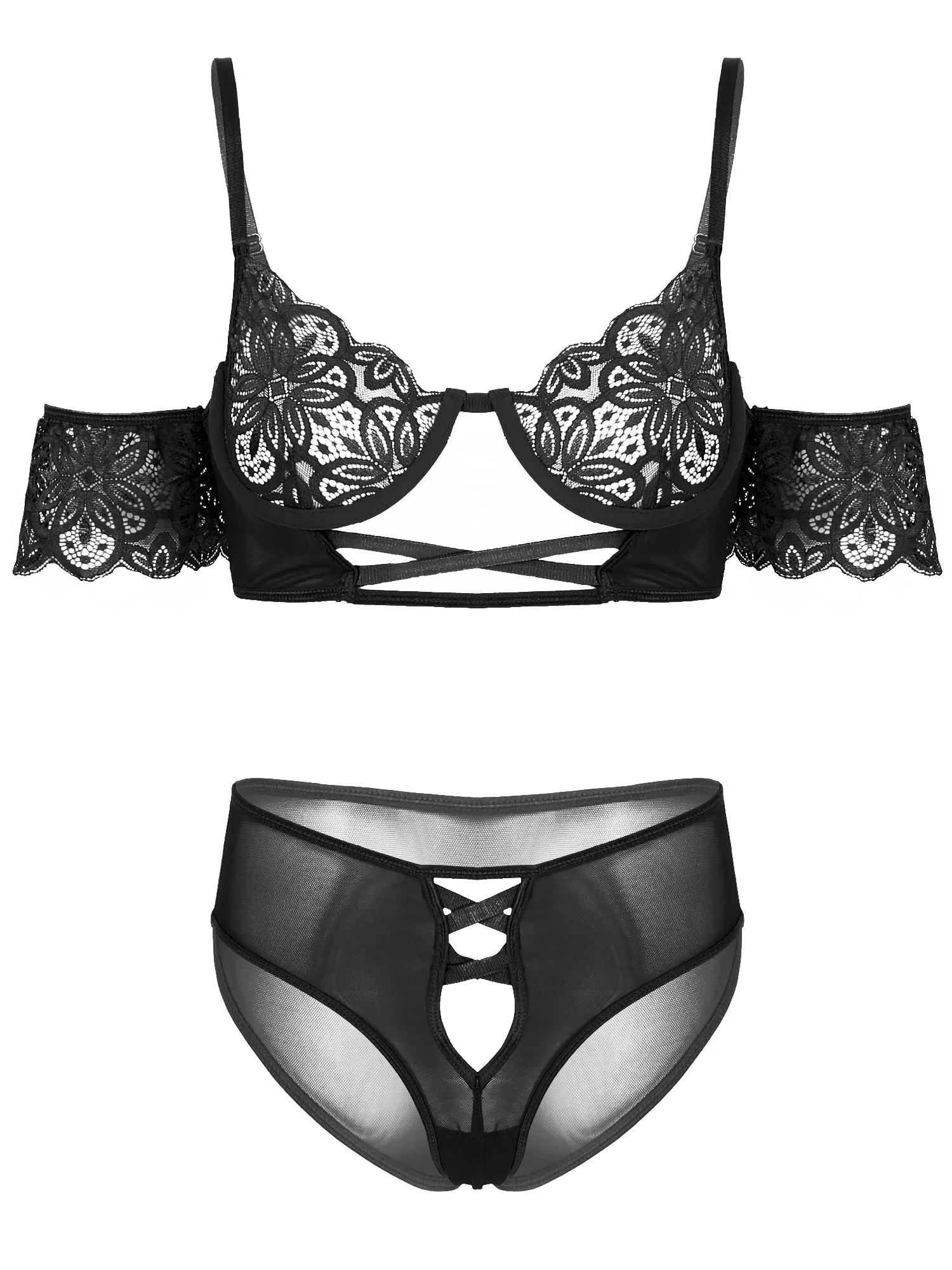 

2PCS Black Red Bra Set Womens Sexy Lingerie Babydoll Lace Bra Top Thong Set Lady Underwear Female Fashion Hot Erotic Lingerie