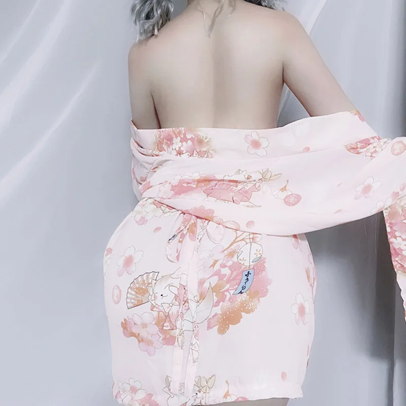 

New Japanese Print Kimono Sexy Lingerie Suit Retro Deep V Flower Long-sleeve Nightdress Sexy Passion Set Uniform Temptation