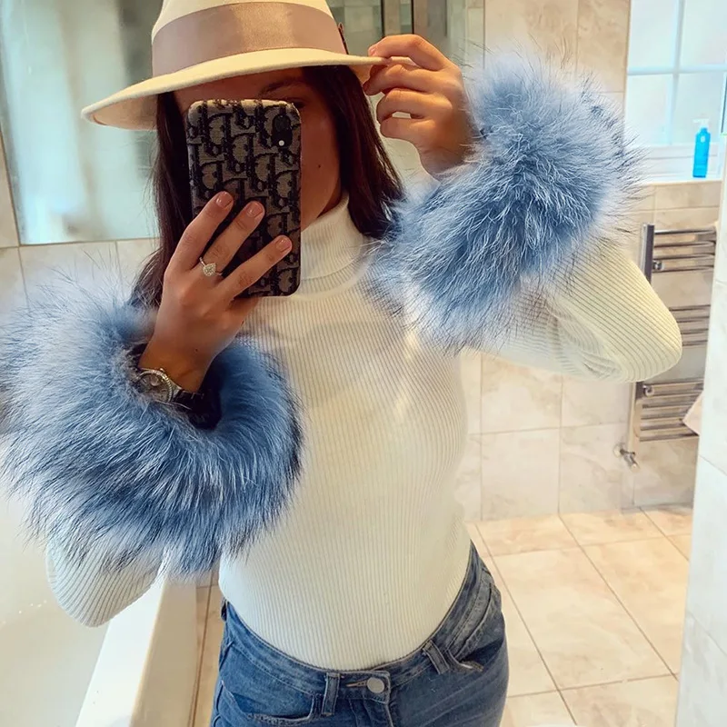 Женский свитер с высоким воротом вязаный меховым рукавом на осень и зиму 2019 |