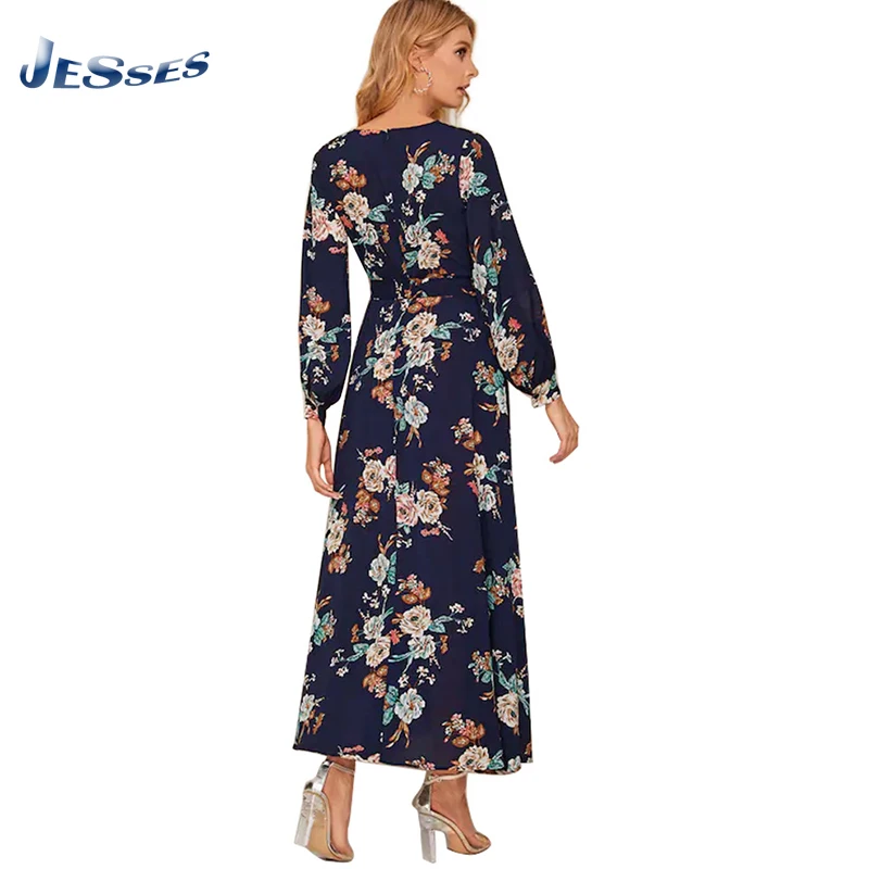 

Floral Print Chiffon Dress Female Spring V-neck Long-sleeve Beach Robe Loose Plus Size Autumn Dresses With Belt Vestido For Lady