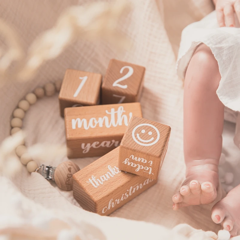 Juego de bloques de haya cuadrados grabados para acontecimiento, tarjeta para 12 meses de beb&eacute;, reci&eacute;n nacido, cumplea&ntilde;os, con accesorios de fotograf&iacute;a, set de 6 uds.-3