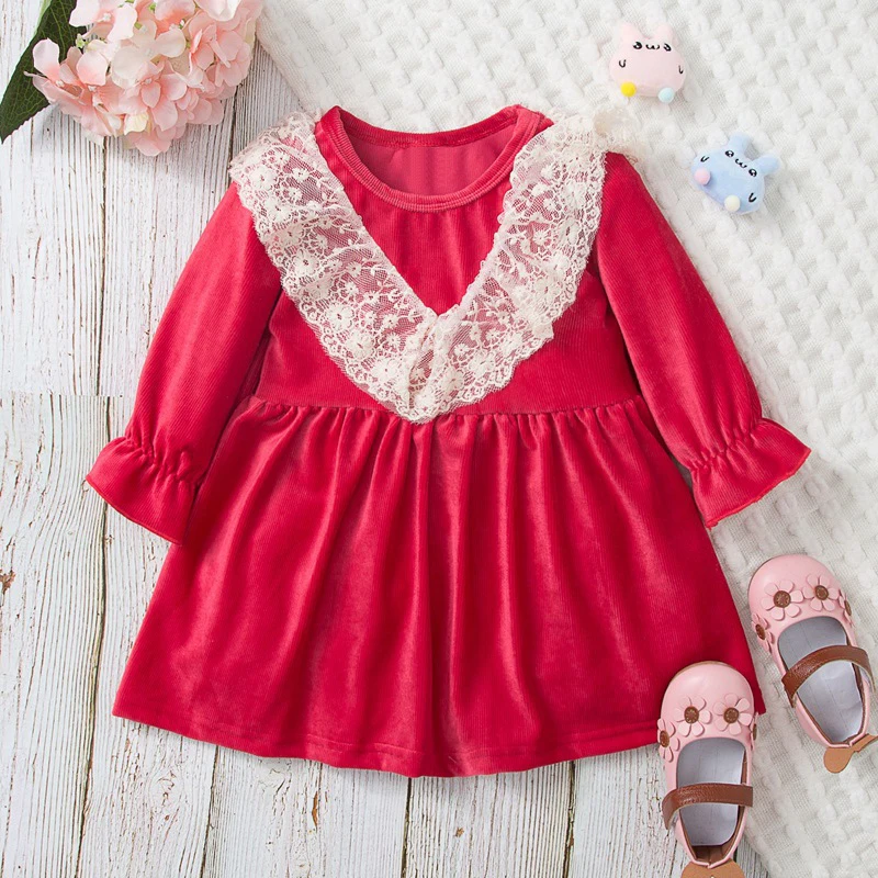 

Flofallzique 2021 Girls Long Sleeve Dress Lace Decorated Comfortable Fabric Cute Fashion Kids Clothes For Christmas Outdoor