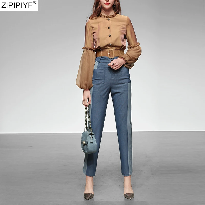 Женский элегантный комплект из двух предметов блузка с воротником стойкой и