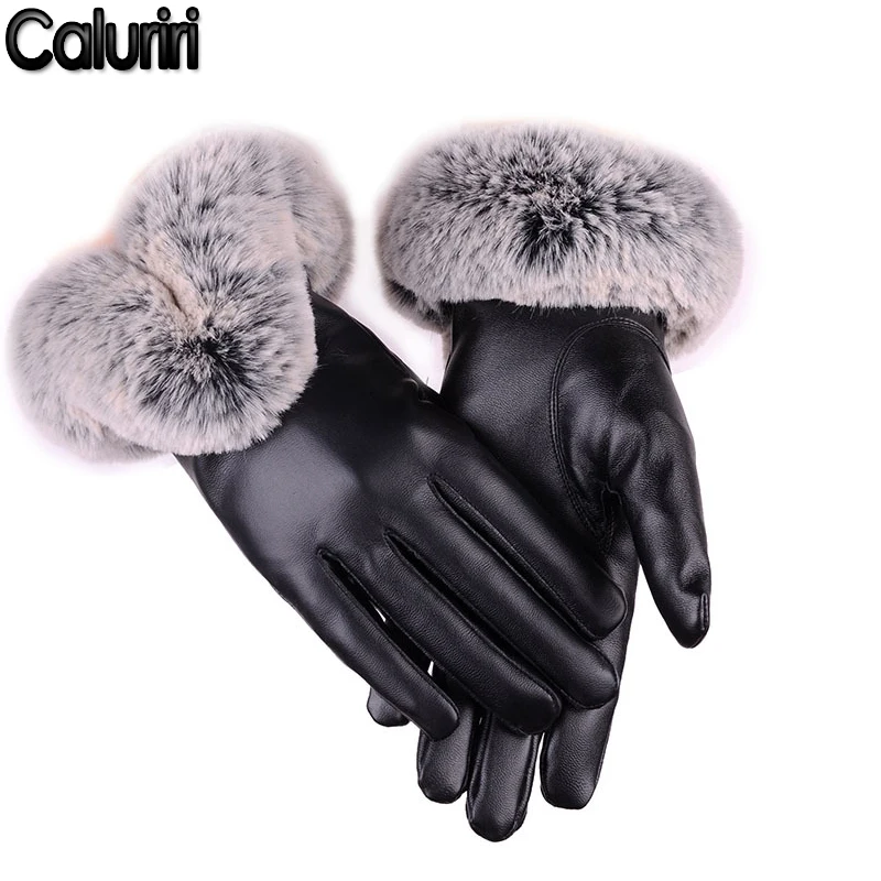 

Caluriri Thick Winter Gloves Women Lady Black PU Leather Gloves Autumn Winter Warm Rabbit Fur Mittens Touch screen Warm Gloves