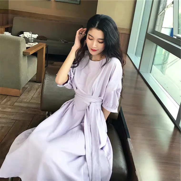 

Women's O Neck Mid-Sleeve Belt Tunic Swing A Line Dress French Style High Waist Casual Knee-Length Dresses