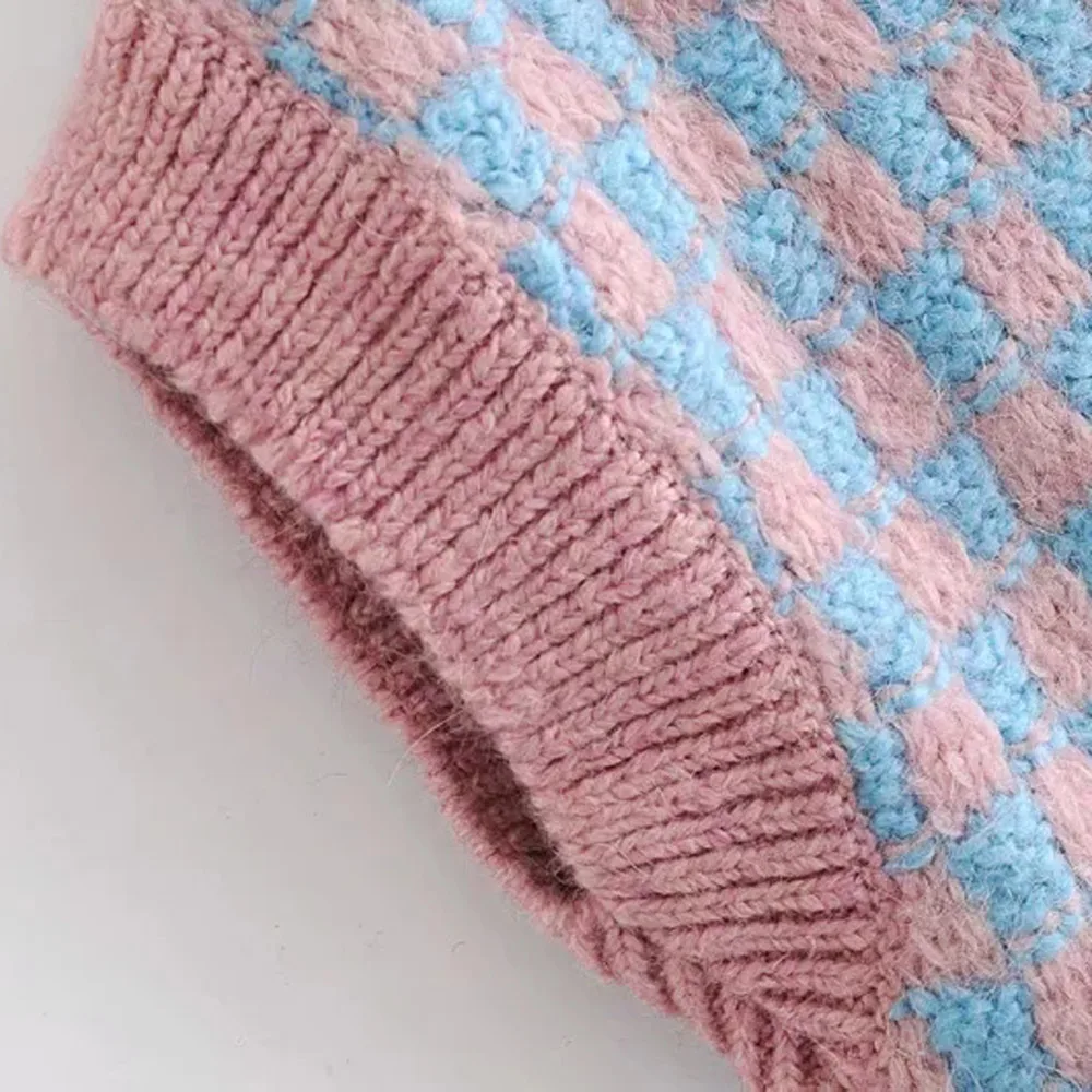 

2020 New Stylish Pink Blue Argyle Knit Vests Autumn Winter Korean Style Sweet V Neck Slim Sleeveless Sweaters Womens Knit Verano