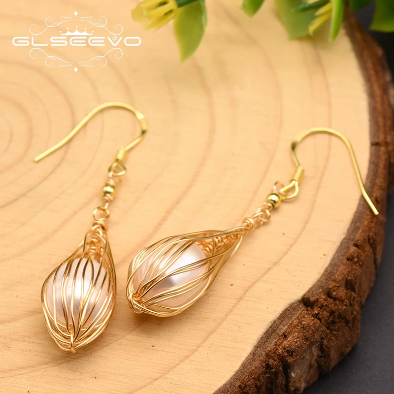 Серьги подвески GLSEEVO ручной работы с натуральным белым жемчугом и крючком для