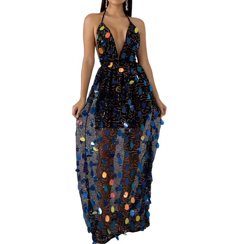 2019 модные элегантные вечерние блесток длинное платье Для женщин с лямкой на шее