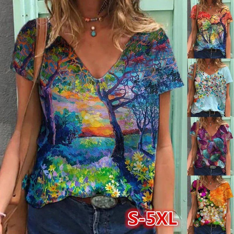 

Summer Women New Fashion Abstract Printed T-Shirts Short Sleeve Cotton Loose Tops V-Neck Shirts Plus Size S-5XL