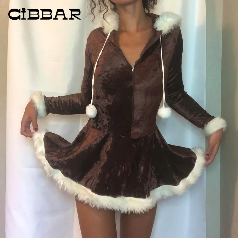 

Коричневое пушистое лоскутное мини-платье CIBBAR с капюшоном, Осень-зима, новое велюровое винтажное облегающее Клубное платье-трапеция с длин...