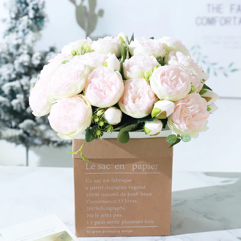 

Beautiful Roses Artificial Peony Flowers Purple Silk Bouquet DIY Wedding Home Decoration Accessories Fake Flowers White Craft