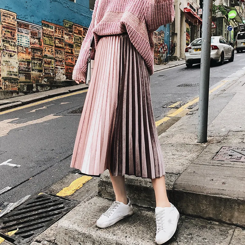 Женская юбка плиссированная бархатная осенне зимняя с высокой талией в стиле