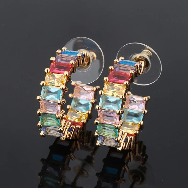 

Funmode Rainbow Color Austrian Crytal AAA Cubic Zirconia Bridal Stud Earrings for Women Baguette Engagement Jewelry FE21