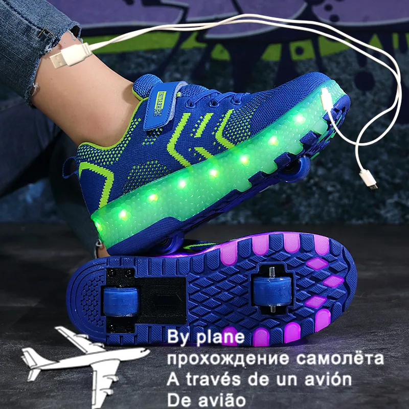 

Size 28-40 Roller Sneakers for Kids Boys LED Light Up Shoes with Double Wheels USB Charging Skate Shoes for Children Boys Girls