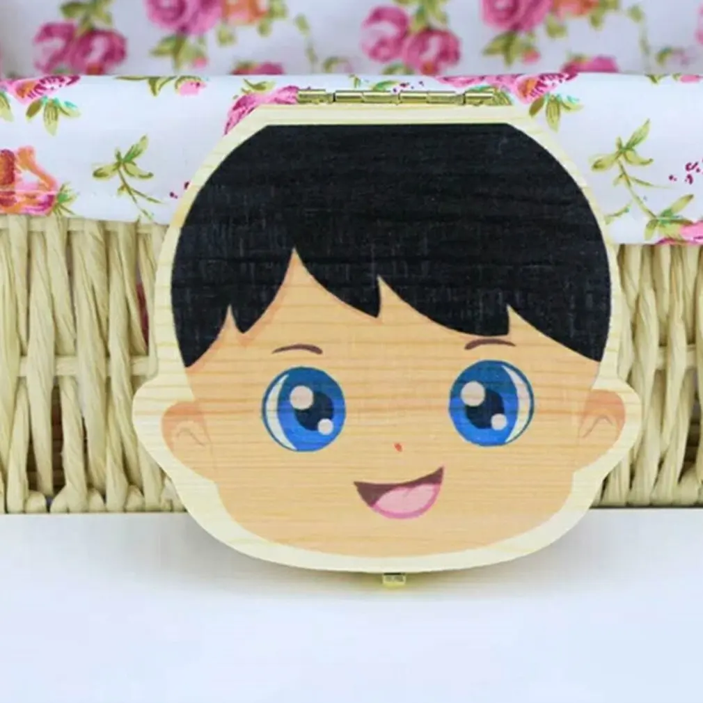 

Wooden Baby Tooth Box English Colorful Print Milk Teeth Umbilical Organizer Storage Souvenir Case Baby Gifts