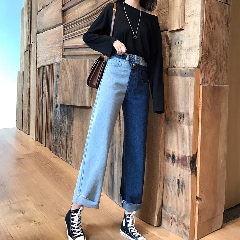 

Contrast Color Jeans Women Spring 2021 Kong-Style Zipper Button Pockets Ladies Pants Retro Casual Wide Leg Trousers 1A006