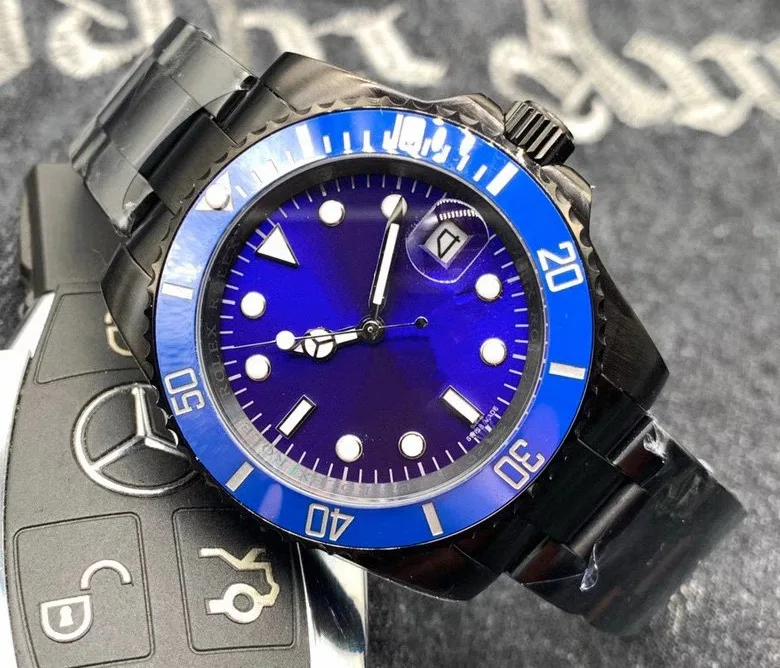 

2020 Luxury Brand New Full Black Watch Men Stainless Steel Automatic Mechanical ETA2813 Blue Green Ceramic Bezel Sapphire Watch