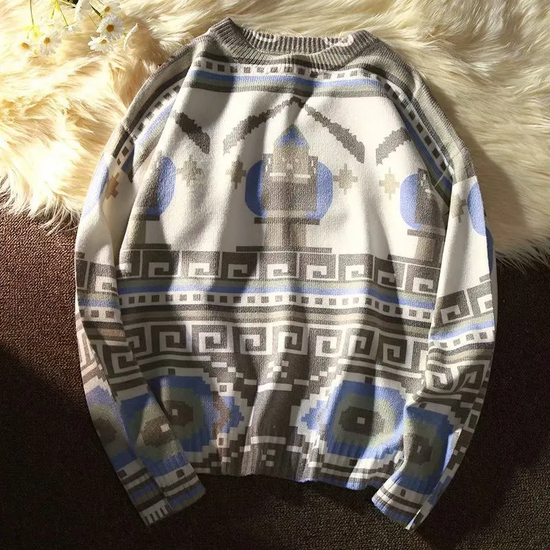 

Geometric Cartoon Pattern Sweaters Spring and Autumn Sweater Knit Jumpers Men Women Loose Round Neck Sweater Men Clothes 2021
