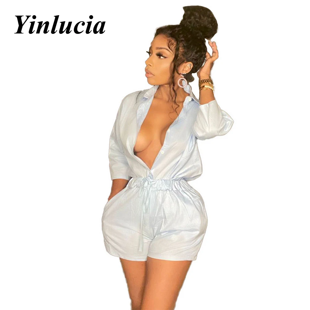 

Shorts Sets Womens Outfits 2021 Two Piece Long-sleeved Shorts Sexy Solid Color Button Double Pockets Shirt Set Sexy Festival