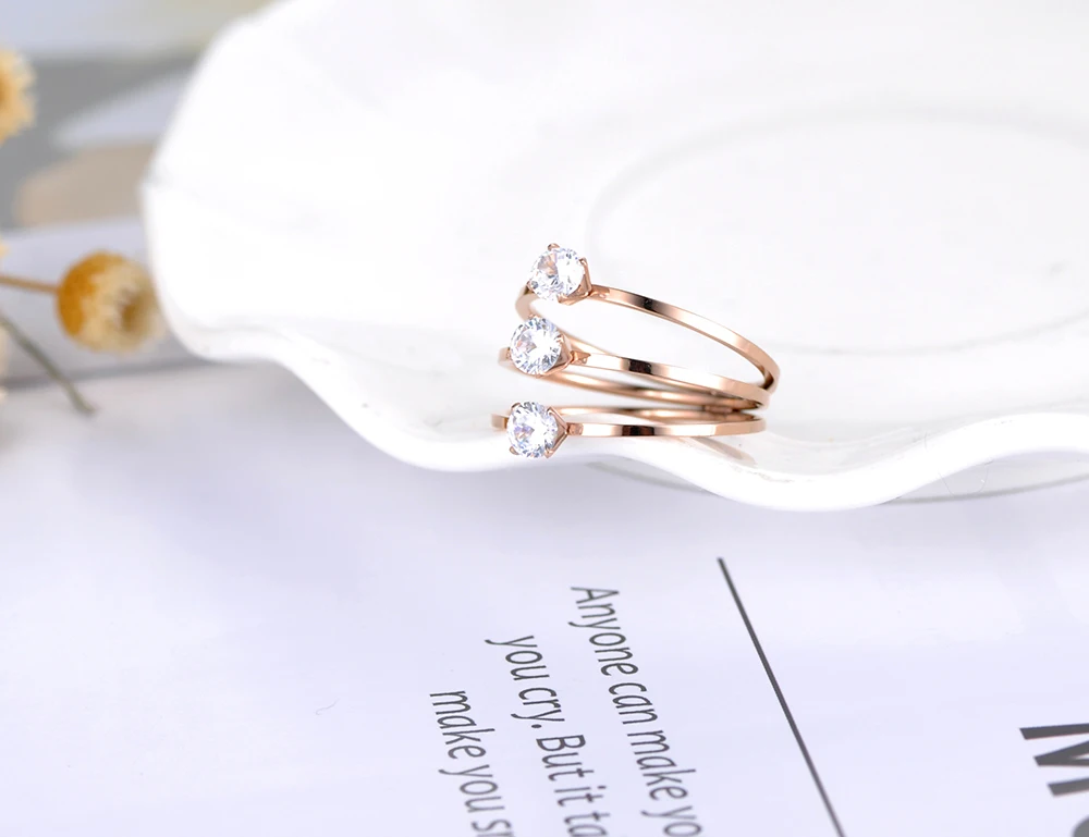 ZooMango Rose Gold Color Engagement 3 Layers CZ Crystal Finger Rings For Women Girls Wedding Rings Anillos Body Jewelry ZR18038