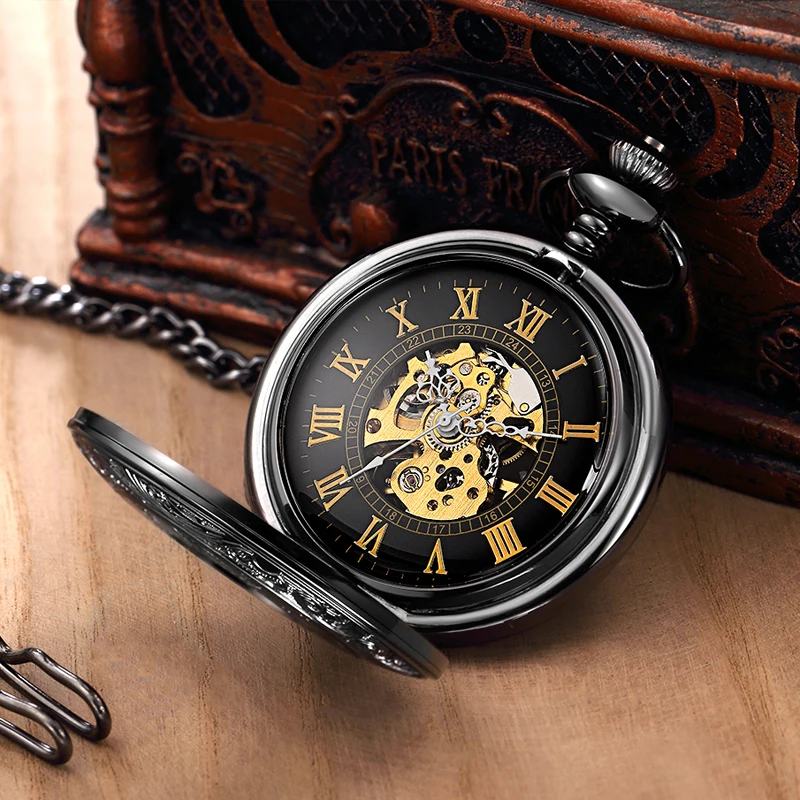 Retro Roman Numerals Hand Wind Mechanical Pocket Watch FOB Chain Steampunk Skeleton Hollow Case Vintage Pendant Necklace Men