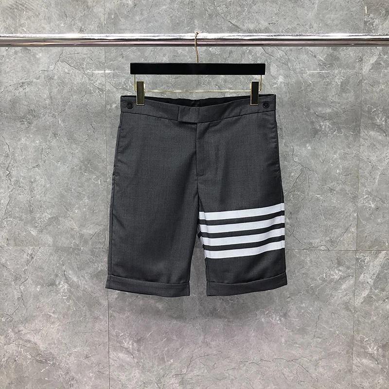 TB THOM Shorts Summer Shorts Male Fashion Brand Plain Weave White 4-Bar Formal Knee Length Solid Straight Trousers Suit Shorts