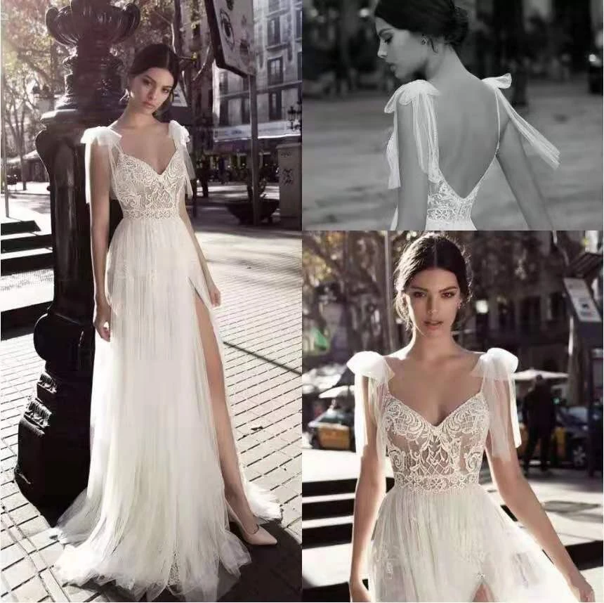 

High slit Backless Bohemia Sexy spaghetti V-cut lace Appliqued wedding dress Vestido De Noiva