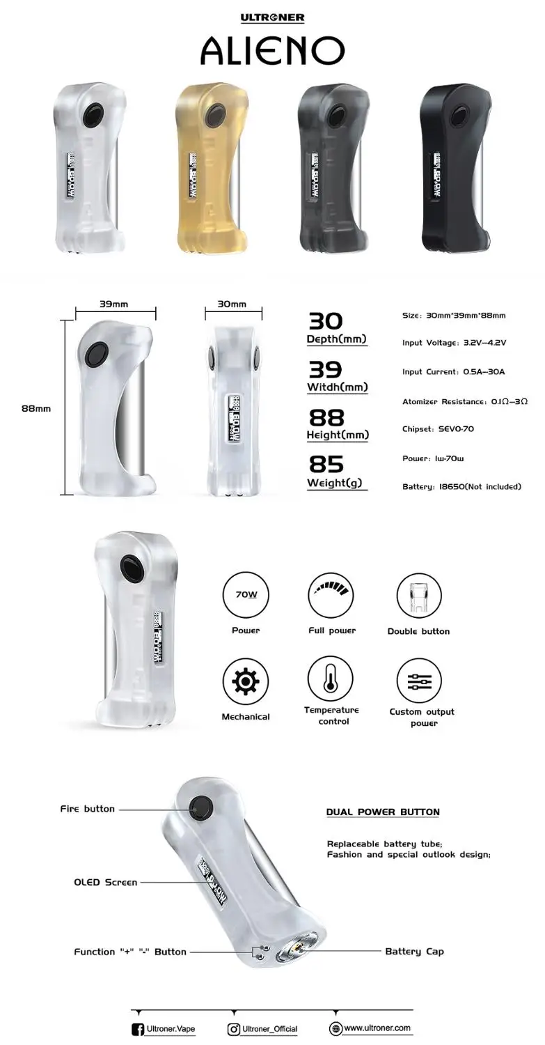 100% Оригинальный ULTRONER Alieno 70 Вт TC Box mod стабильный SXK SEVO чип 18650 Аккумулятор для 510 RDA RTA