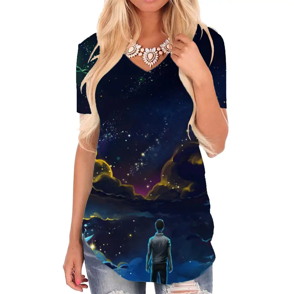 

Giyu Brand Galaxy T Shirt Women Moon V-neck Tshirt Animal T-shirts 3d Love Tshirts Printed Womens Clothing Punk Rock Printed
