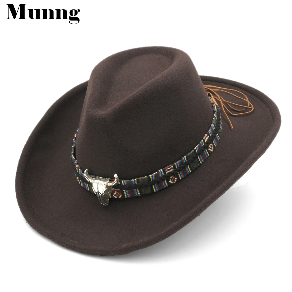 

Munng 2021 Fashion Top Hats Elegant Wool Blend Western Cowboy Hat Wide Brim Gentleman Ladies Cowgirl Jazz Sombrero Cap Size L